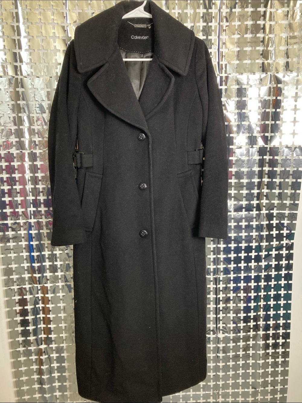 Calvin Klein Black Long Wool Trench Coat with Waist Tabs